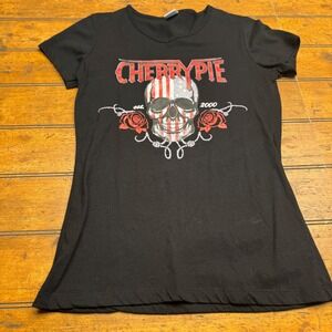 Cherry Pie Skull Rose Graphic T Shirt Womens Size Medium Black Short Sleeve
